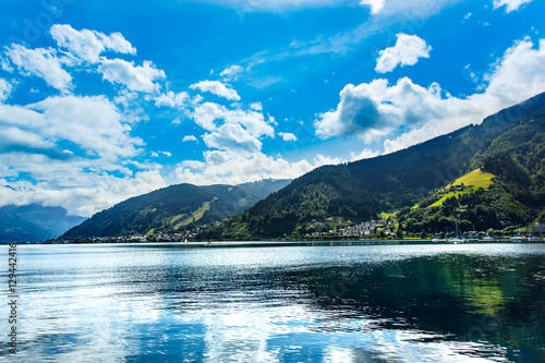 Panoramic view of Zeller See lake. Zell Am See, Austria, Europe. Alps at background.