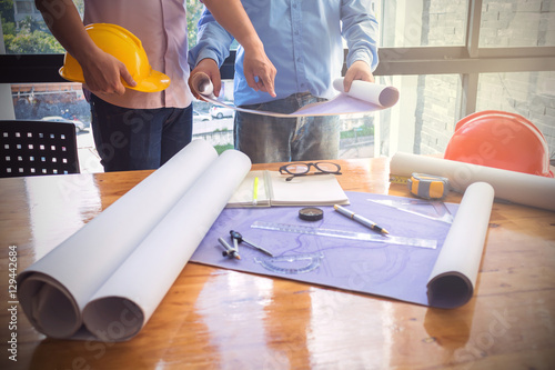 image of the architectural project engineer. Vintage tone and engineering tools in the workplace.