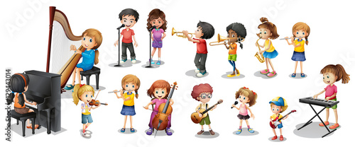 Many children playing different musical instruments