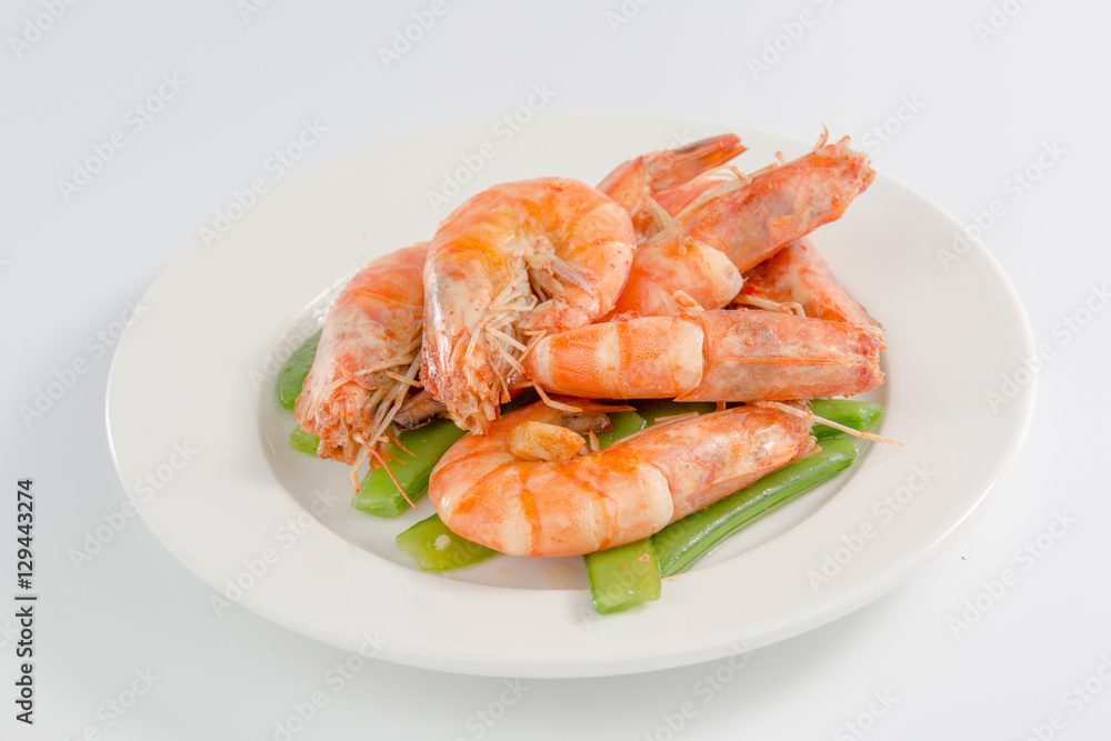 Fried shrimp in a plate isolated on white background Fried shrimp in a plate isolated on white background