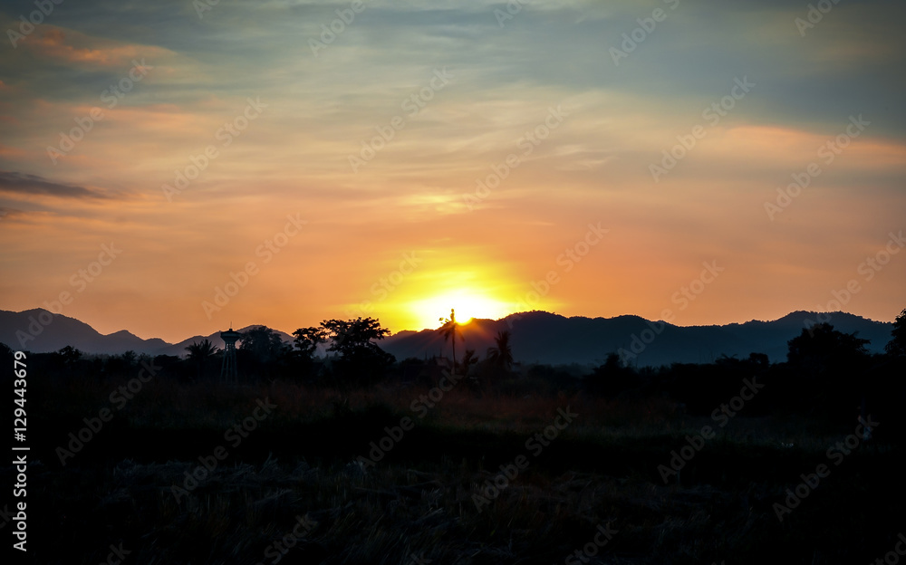 grass field outdoor sunset by countryside for background