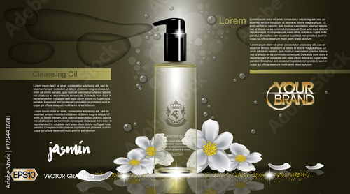 Digital vector glass bottle cleansing oil jasmin mockup, with your brand, ready for print ads or magazine design. Transparent and shine, realistic 3d style