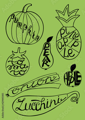 Set of fruits and vegetables with labels