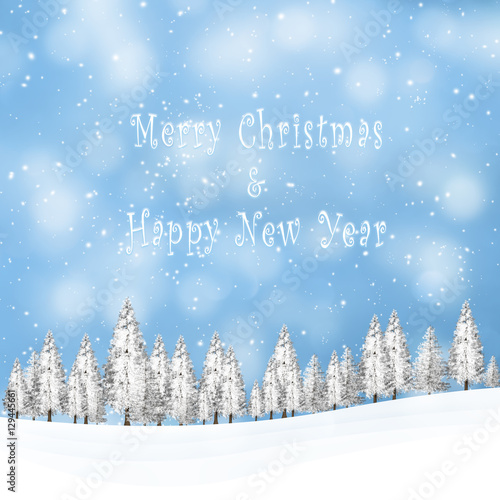 Beautiful winter snowfall landscape with snowy trees on the hills. Merry Christmas and Happy New Year greeting card illustration background.