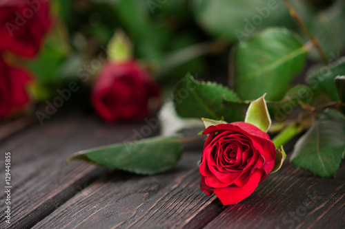 Fototapeta Naklejka Na Ścianę i Meble -  Fresh rose on wood desk