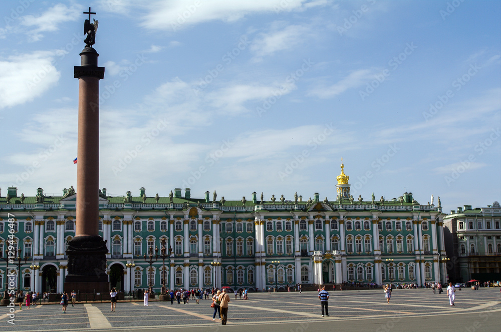 ST. PETERSBURG, RUSSIA - JUNE 05, 2014: Alexander Column and the facade of the Winter Palace, house the Hermitage Museum