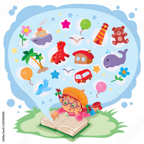 Small girl reading a book and dreams of adventures