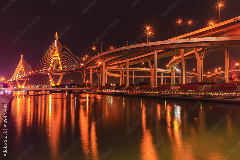 bhumibol bridge at night in thailand
