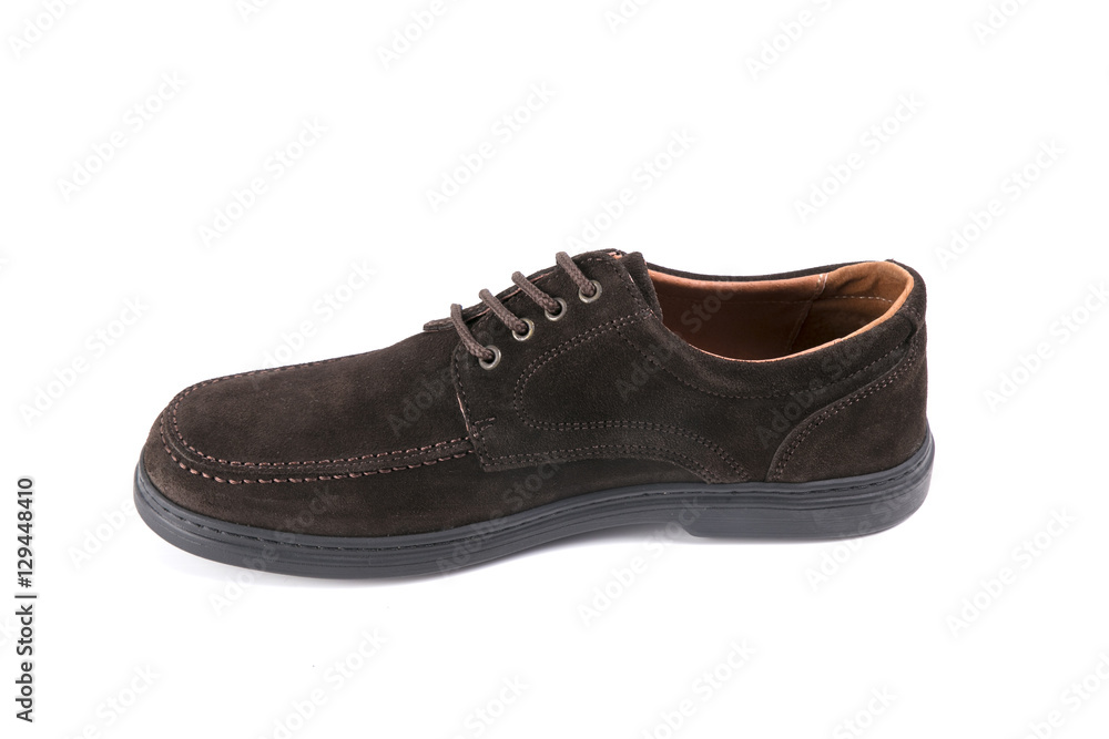 male shoes in brown leather on white background, isolated product, top view male shoes in brown leather on white background, isolated product, top view