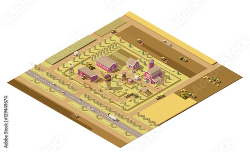Vector isometric low poly farm. Farm buildings and agricultural equipment and machinery