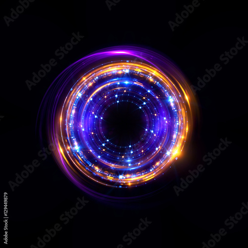 Abstract neon background. luminous swirling bunner. Glowing spiral. Shine round frame with light circles light effect. Glowing cover. Space for your message. Glossy. LED ellipse