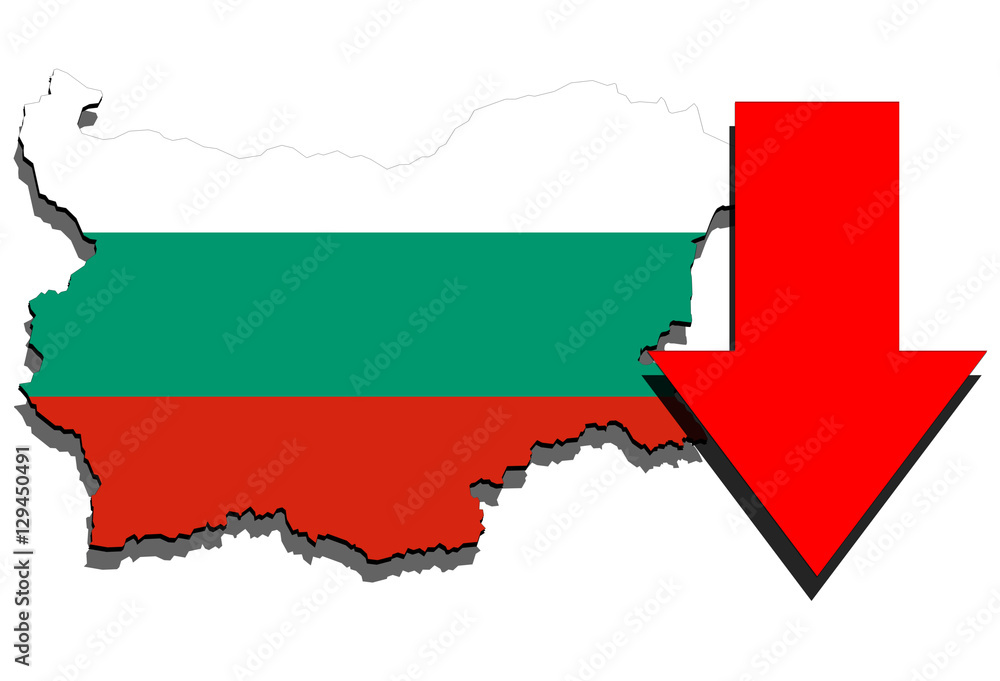 Obraz premium Bulgaria map on white background and red arrow down