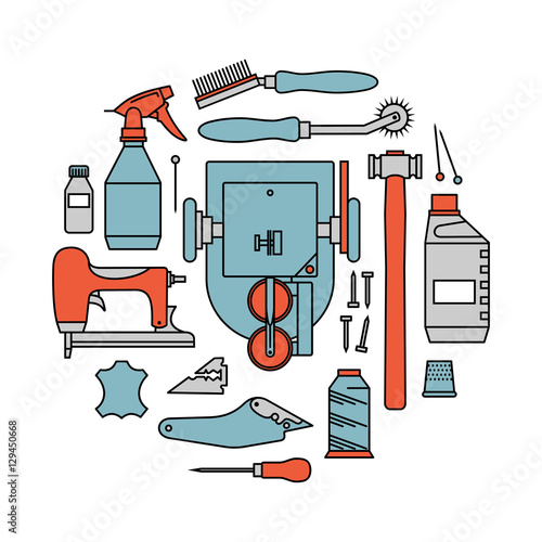 Vector icons set of furrier's tools. Color print on white background