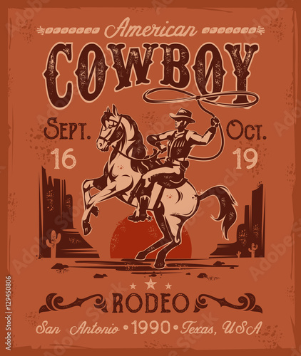 Rodeo poster with a cowboy sitting on rearing horse in retro style