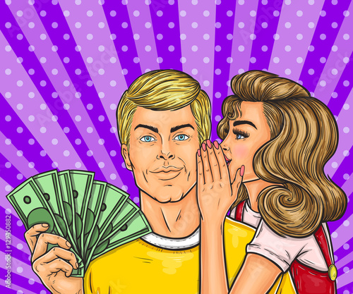 Pop art girl talk her man about sale