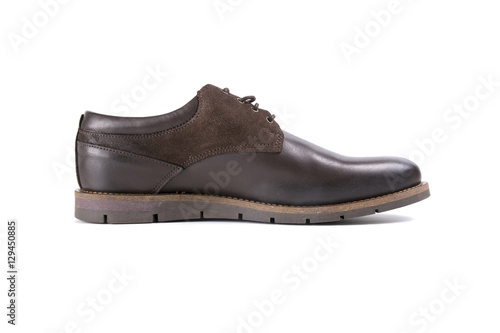 male shoes in brown leather on white background, isolated product, top view