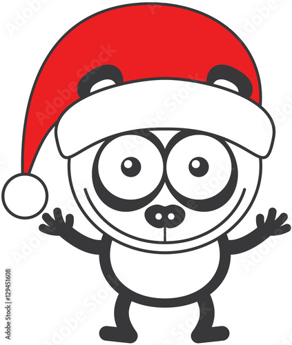 Fototapeta Naklejka Na Ścianę i Meble -  Cute panda bear with rounded ears, black rings around its eyes and wearing a Santa hat while wide opening its eyes, stretching its arms, smiling enthusiastically and greeting