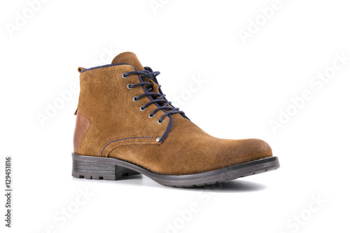 male boots brown leather on white background, isolated product, top view