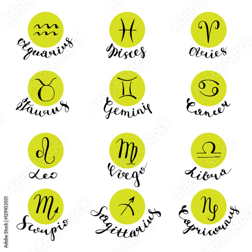 Signs of the zodiac. icons. Hand-drawn, lettering.