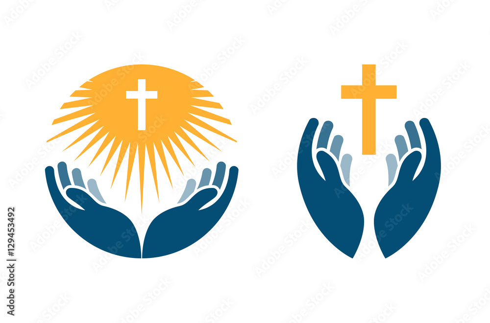 Naklejka premium Hands holding Cross, icons or symbols. Religion, Church vector logo