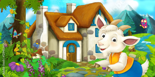 Fototapeta Naklejka Na Ścianę i Meble -  Cartoon scene with goat near village house - illustration for children