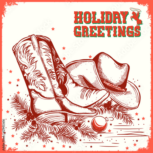 merry christmas and New Year card with cowboy boot and western h