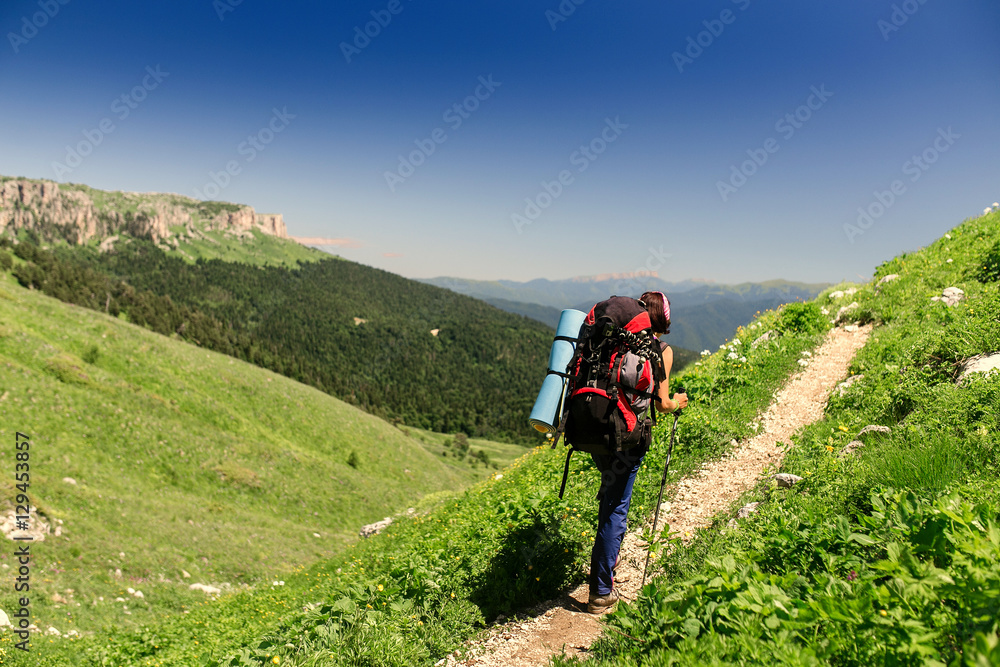 Fototapeta premium Hiking young woman with backpack and trekking poles on the mountain trail