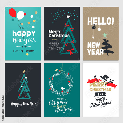 New Year and Christmas greeting cards collection. Flat design vector illustration concepts for greeting cards, web banners and print material design.