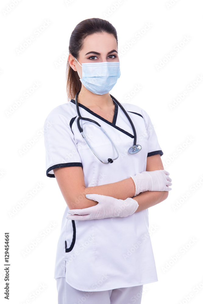 portrait of attractive female doctor in mask and gloves isolated portrait of attractive female doctor in mask and gloves isolated