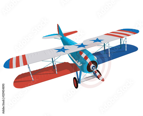 Biplane from World War with colors of flag of United States. Model aircraft propeller with two wings. Old retro aircraft designed for poster. Beautifully and realistically vector flying biplane.