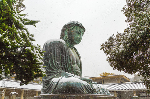 The Great Buddha in Kamakura.It's snowing.  Located in Kamakura, Kanagawa Prefecture Japan.