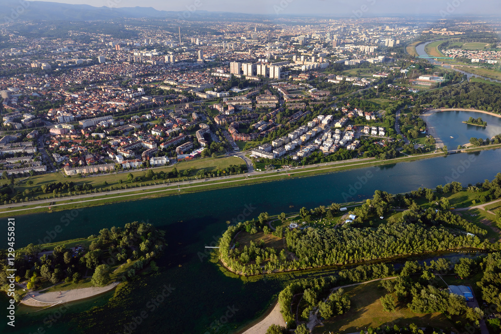 Jarun lake in Zagreb, Croatia, with the city center visible in the background.