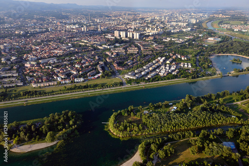 Jarun lake in Zagreb, Croatia, with the city center visible in the background.