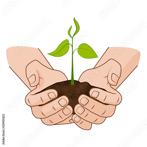 Growing plant in handful soil in hands. Comic style grow business concept web infographics. vector illustration.