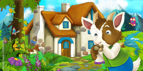 Fototapeta Cartoon scene with goat near village house - illustration for children