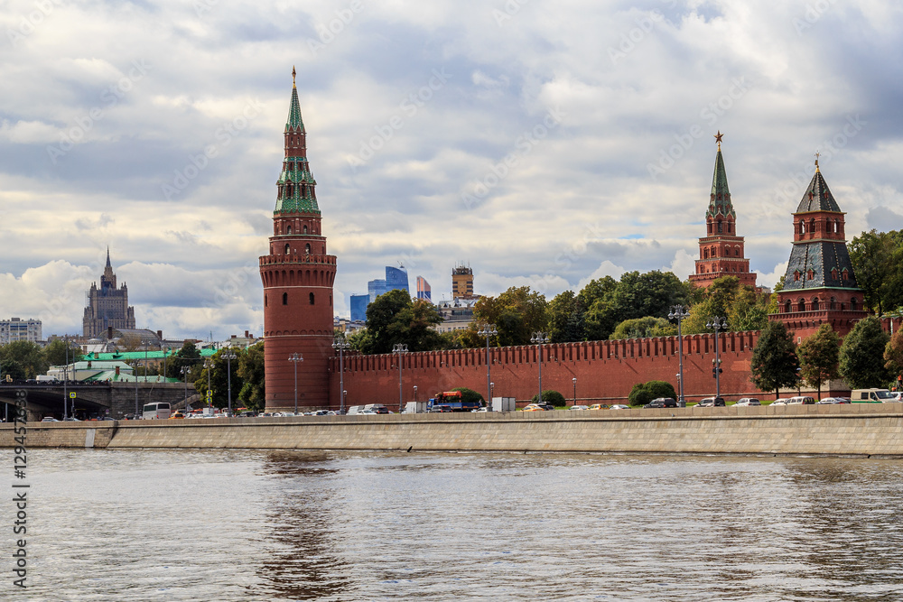 Moscow Kremlin towers but the background of the cloudy sky