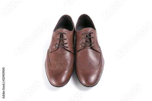 male shoe black leather on white background, isolated product, top view