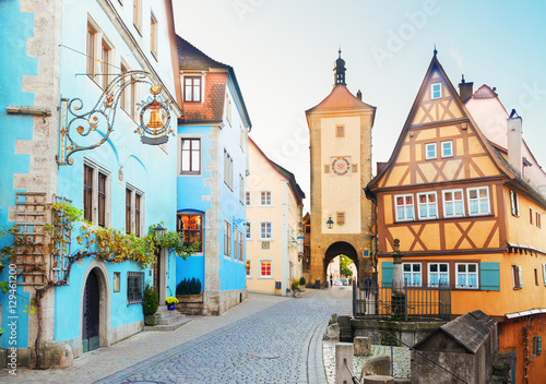 half-timbered houses and city tower of Rothenburg ob der Tauber  Germany