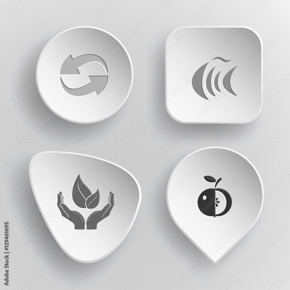 4 images: recycle symbol, fish, life in hands, apple. Nature set