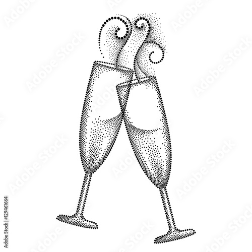 Vector illustration with two dotted clink champagne glass or flute in black isolated on white background. Champagne glass and swirls in dotwork style for restaurant and celebration design.