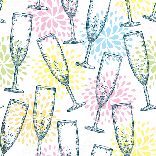 Vector seamless pattern with dotted champagne glass or flute on the white background with stylized fireworks. Pattern in dotwork style with champagne glass for restaurant and celebration design.