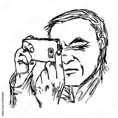 illustration vector hand drawn man taking a photo with mobile phone