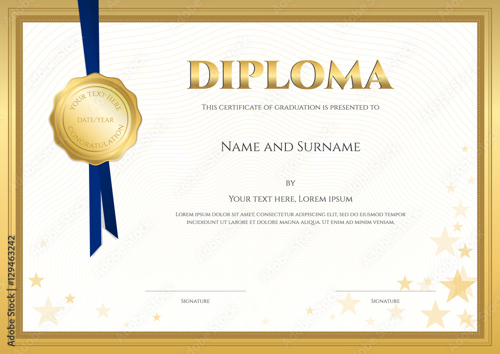 Elegant diploma certificate template forcompletion with gold bor 