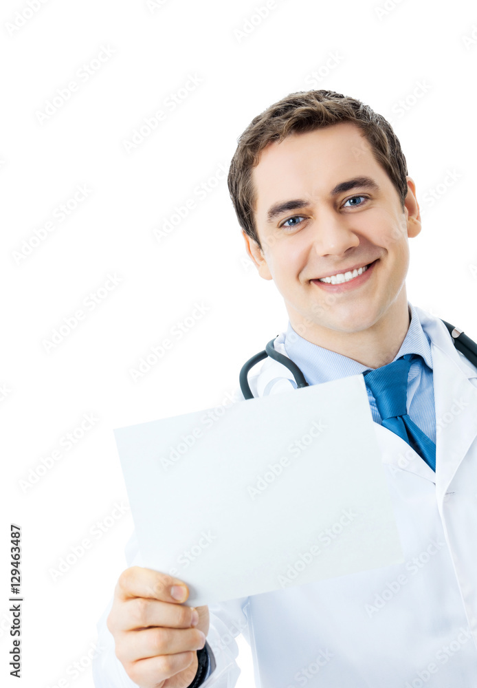 smiling doctor with signboard, isolated smiling doctor with signboard, isolated