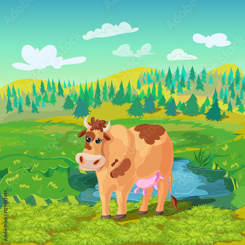 Grazing Cow Cartoon Composition