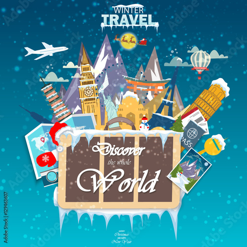 Winter travel. Travel to World. Vacation. Road trip. Tourism. Open suitcase with landmarks. Journey. Travelling illustration. Merry Christmas banners in flat style. EPS 10. Colorful.