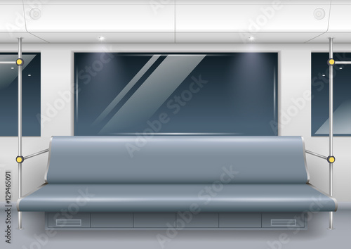 Interior of a modern subway car with seating for passengers. Vector graphics