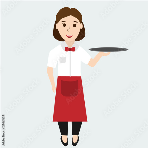 Waitress isolated on gray. Young waitress, Girl in uniform, Cartoon waitress