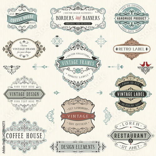 Vintage ornate labels, signs, banners and frames. Vector illustration.