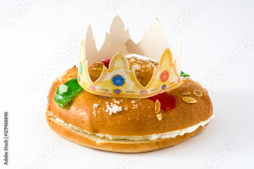 Spanish typical dessert of epiphany "Roscon de Reyes", isolated on white background
